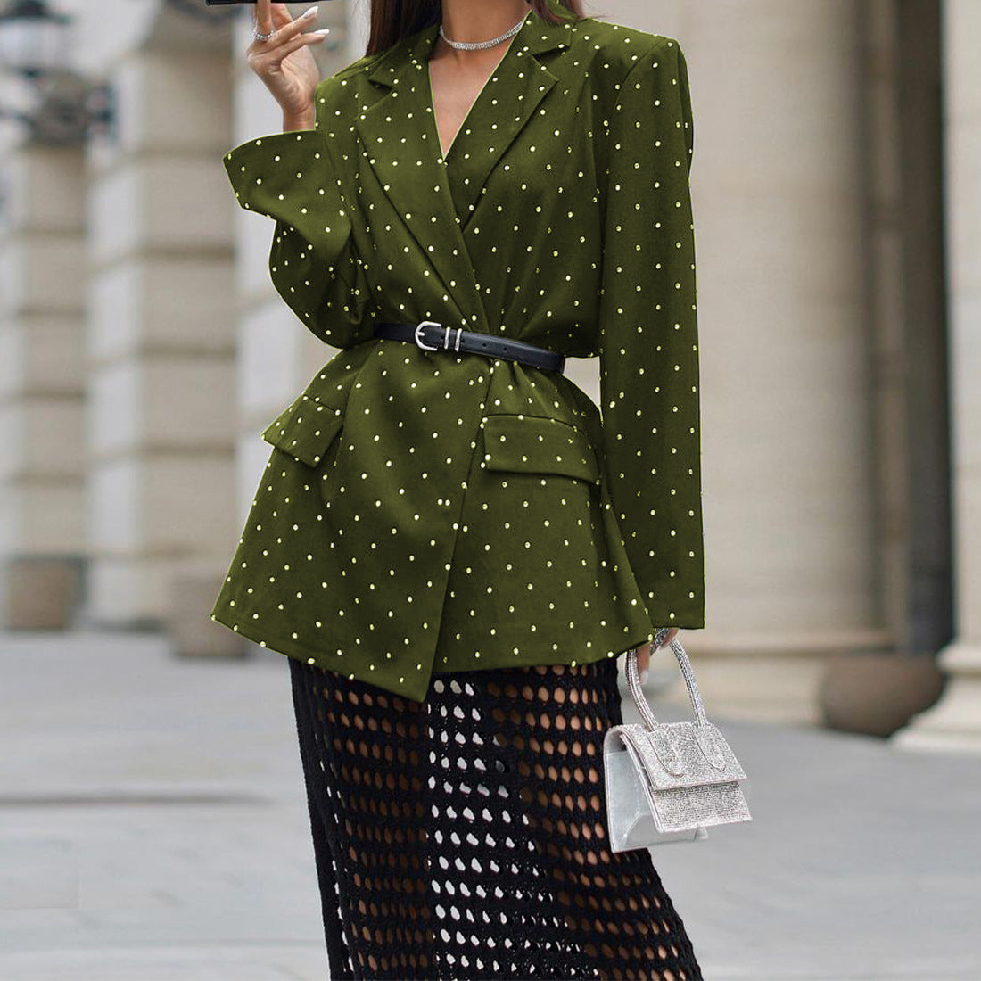 Blazer élégant à manches longues et revers imprimé pois pour femme