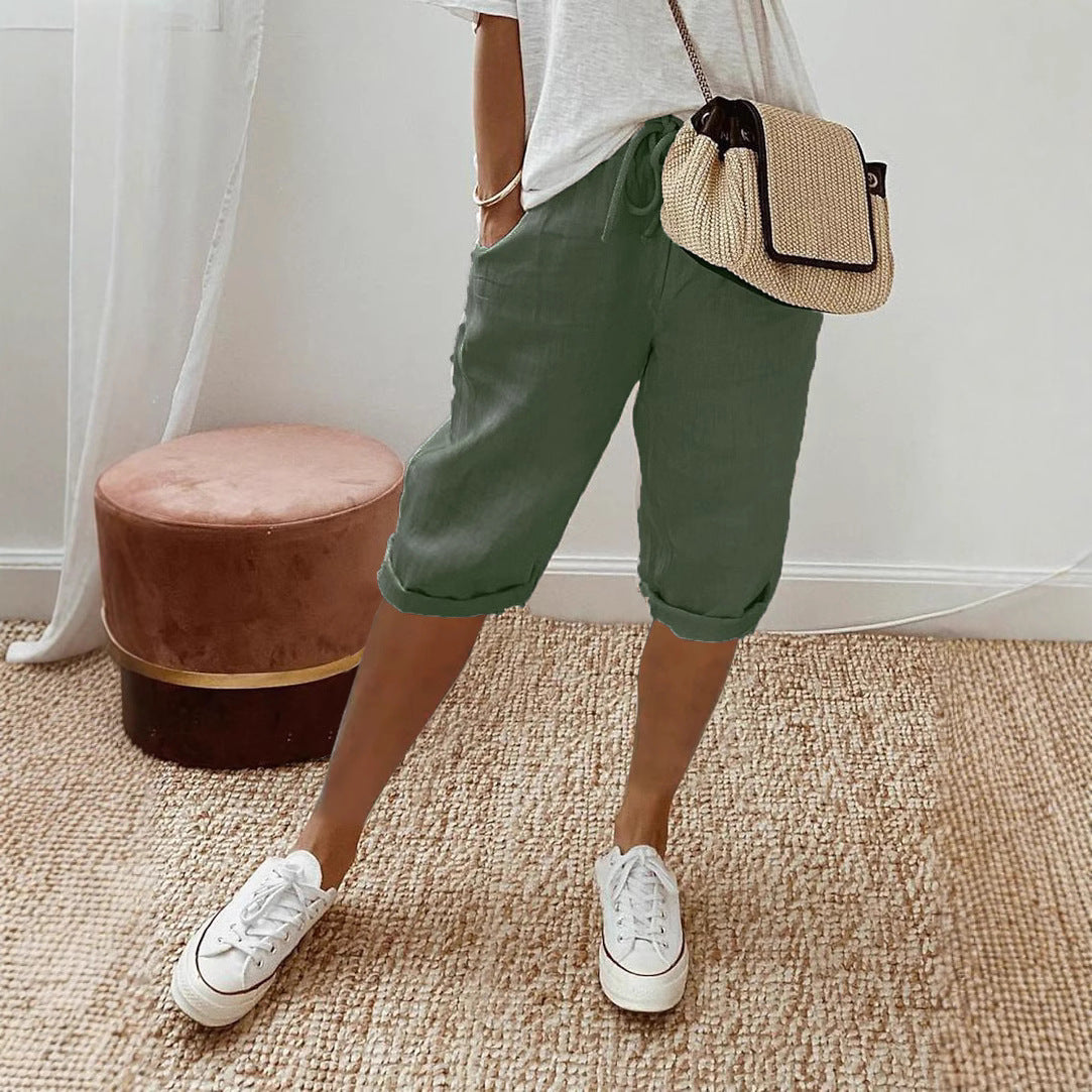 Women Casual Cotton And Linen Solid Color Pocket Pants