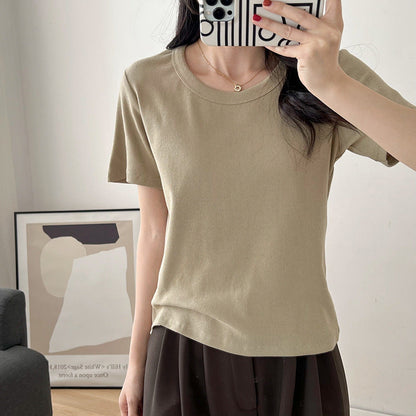 Fashion Basic Women Solid Color Rib-Knit Short Sleeve Blank T-Shirt