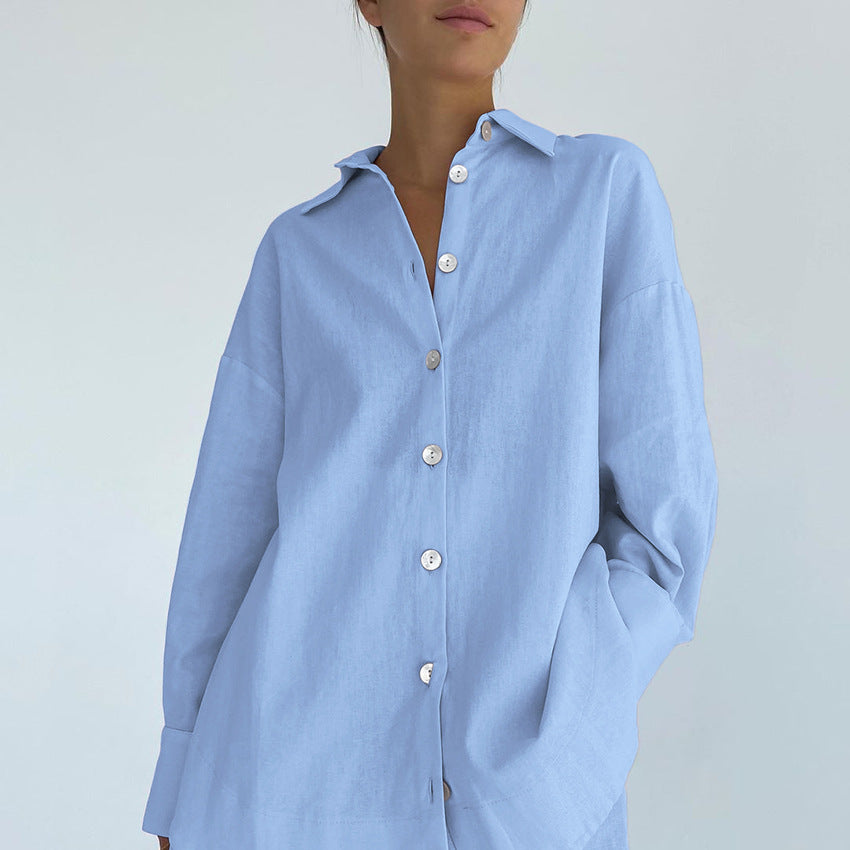 Women Fashion Solid Color Cotton Linen Pajamas Set