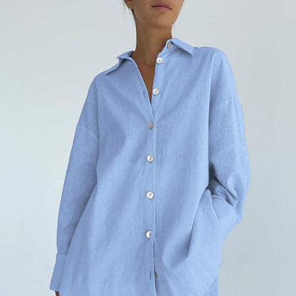 Women Fashion Solid Color Cotton Linen Pajamas Set
