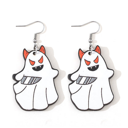 Halloween Women Double-Sided Wooden Earrings with Cartoon Creatures