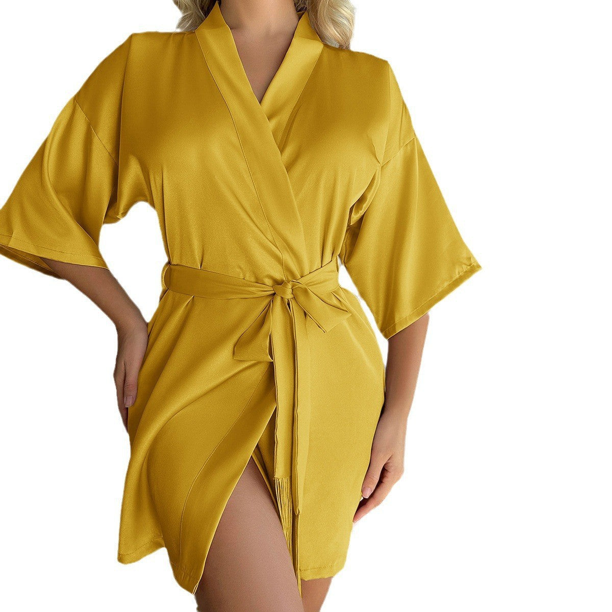 Pijama sexy de satén de color liso con borlas y cordones para mujer.