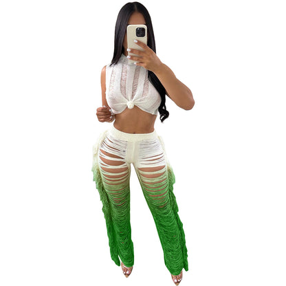 Women Fashion Sexy Contrast Color Hollow-Out Crop Top and Tassel Pants Two-Piece Set
