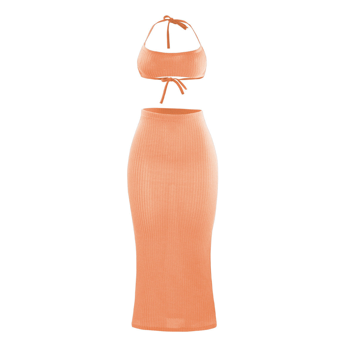 Women Fashion Waffle Crop Top and High Waist Skirt Set