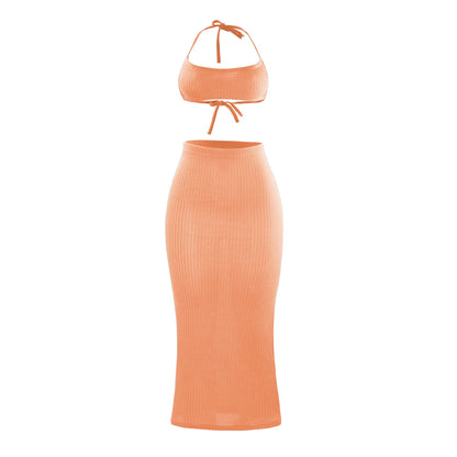 Women Fashion Waffle Crop Top and High Waist Skirt Set
