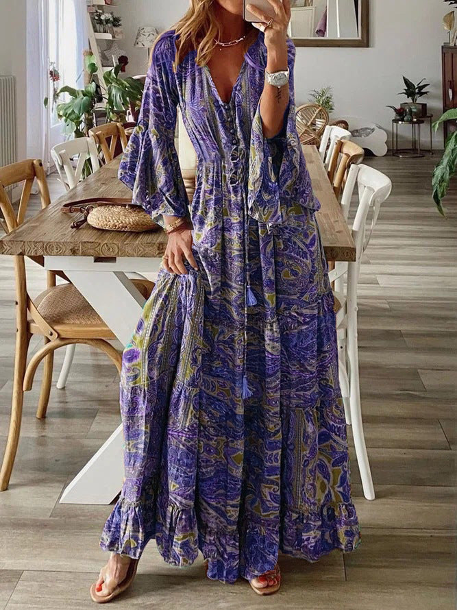 Women Fashion Casual Bohemian Tiny Flower Print V-Neck Horn Sleeve Maxi Dress