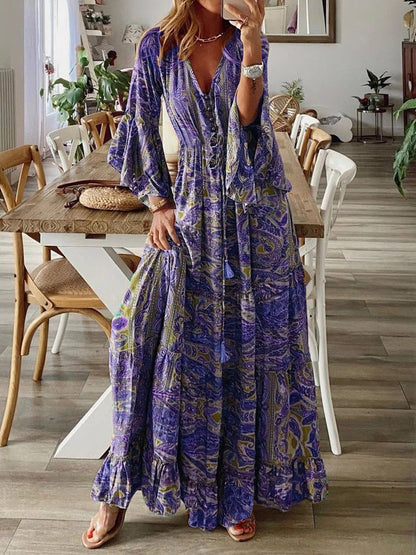 Women Fashion Casual Bohemian Tiny Flower Print V-Neck Horn Sleeve Maxi Dress