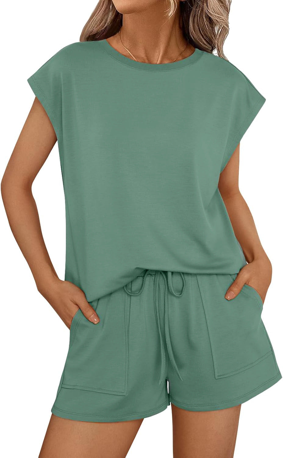 Conjunto informal de dos piezas para mujer, color liso, cuello redondo y manga corta