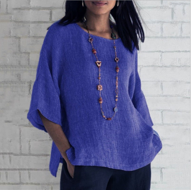 Blusa de algodón y lino con mangas tres cuartos para mujer