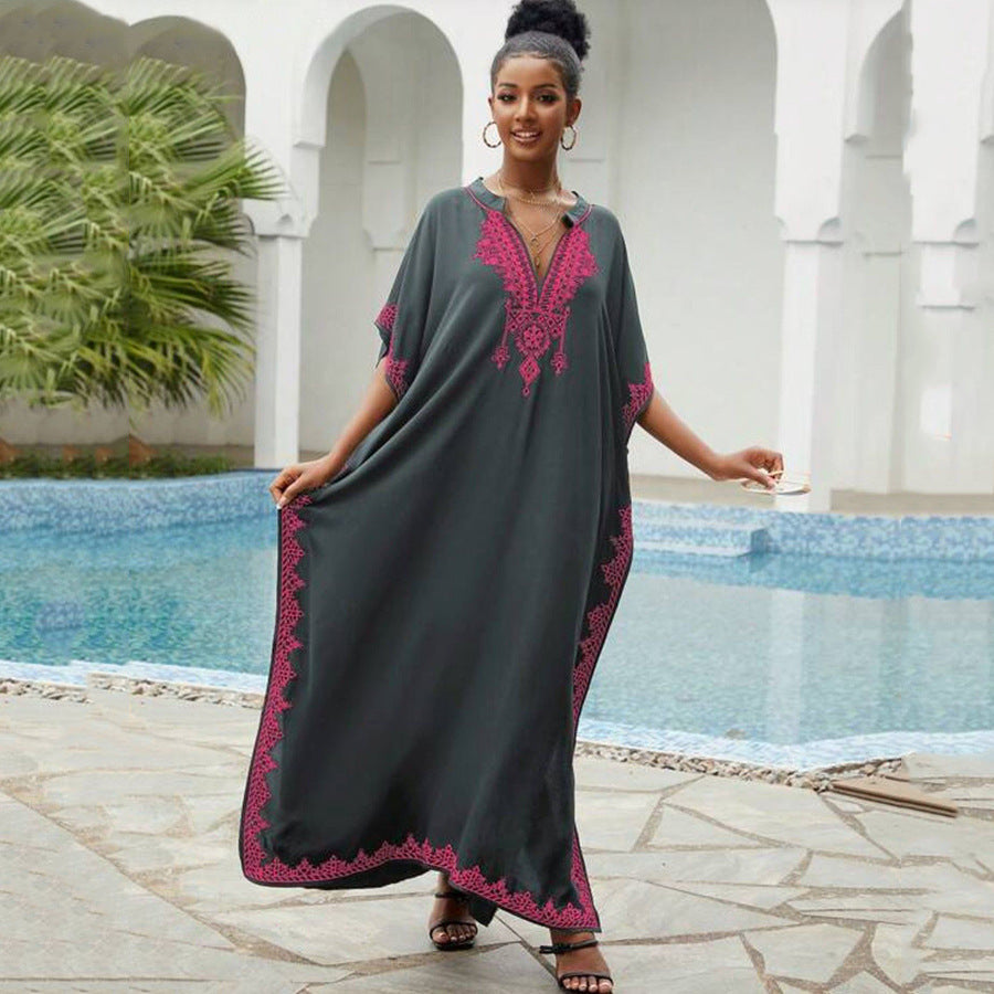 Vestido playero bohemio informal con cuello en V bordado para mujer