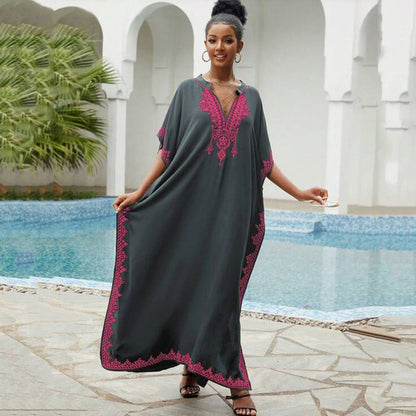Vestido playero bohemio informal con cuello en V bordado para mujer