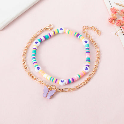 Conjunto de tobillera de doble capa con cuentas de corazón y mariposa bohemia