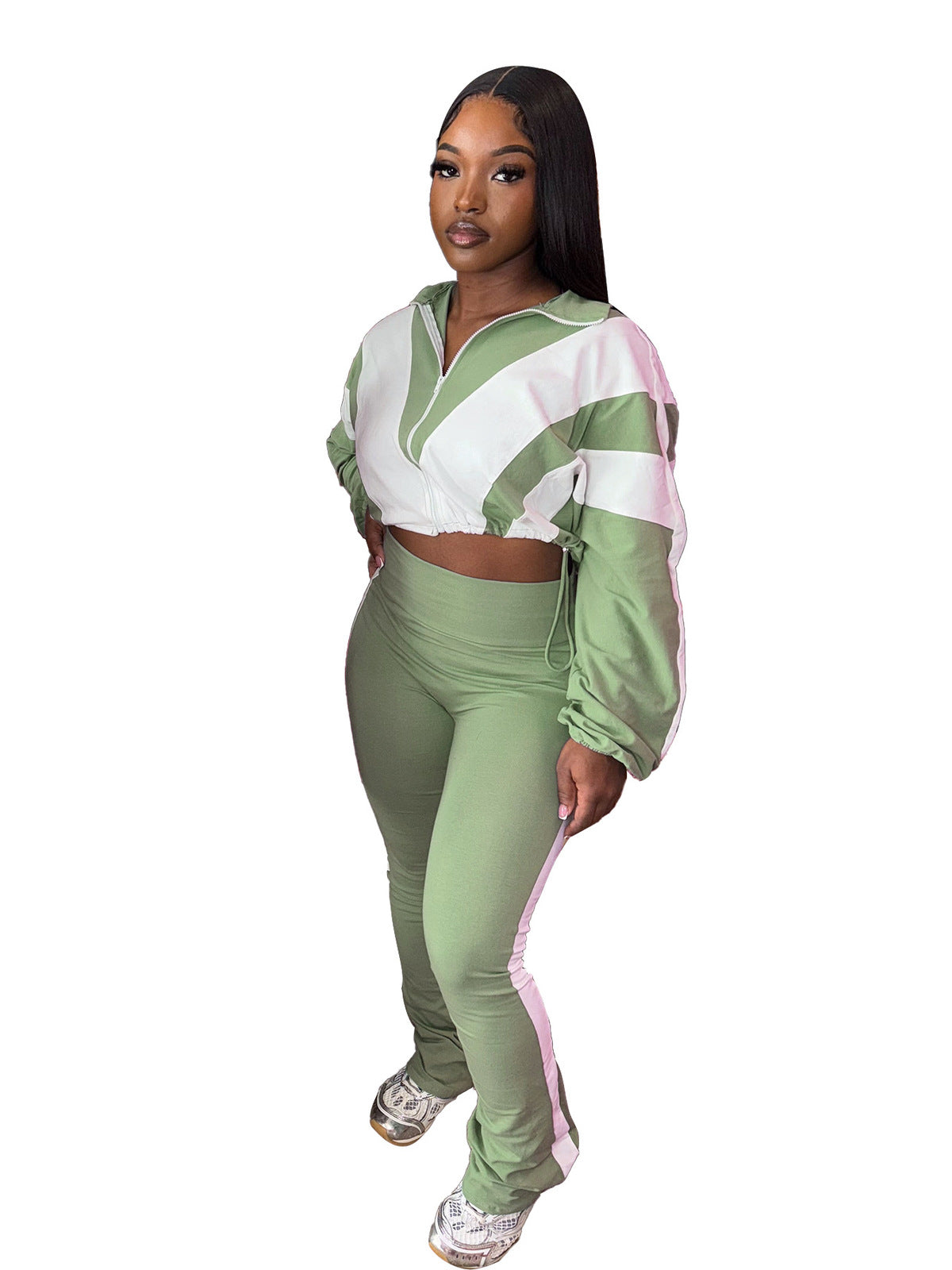 Women Athleisure Rubber Buckle Tight Waist Crop Sweatshirt Pants Set