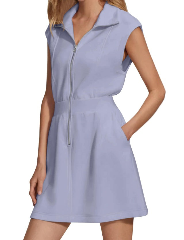 Women Casual Solid Color Sleeveless Dress with Lapel Zipper Pockets