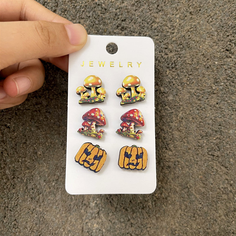 Halloween Women Wooden Earrings Set with Pumpkins Bats Ghosts
