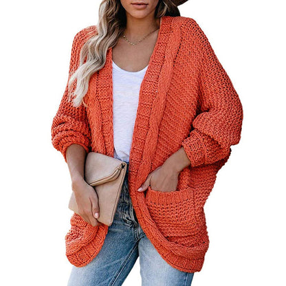 Women Thick Knitted Cardigan Coat with V-Neck