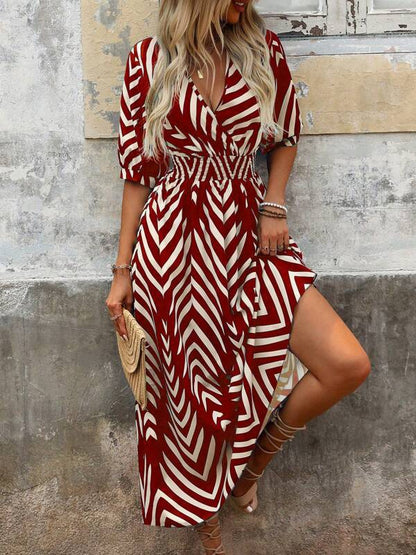 Women Fashion Casual Printed V-Neck Dress