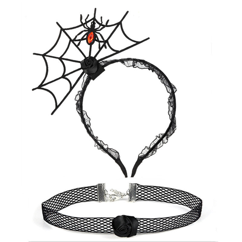 Ensemble de bijoux ras du cou en dentelle avec bandeau en toile d'araignée noire pour femme, idéal pour Halloween
