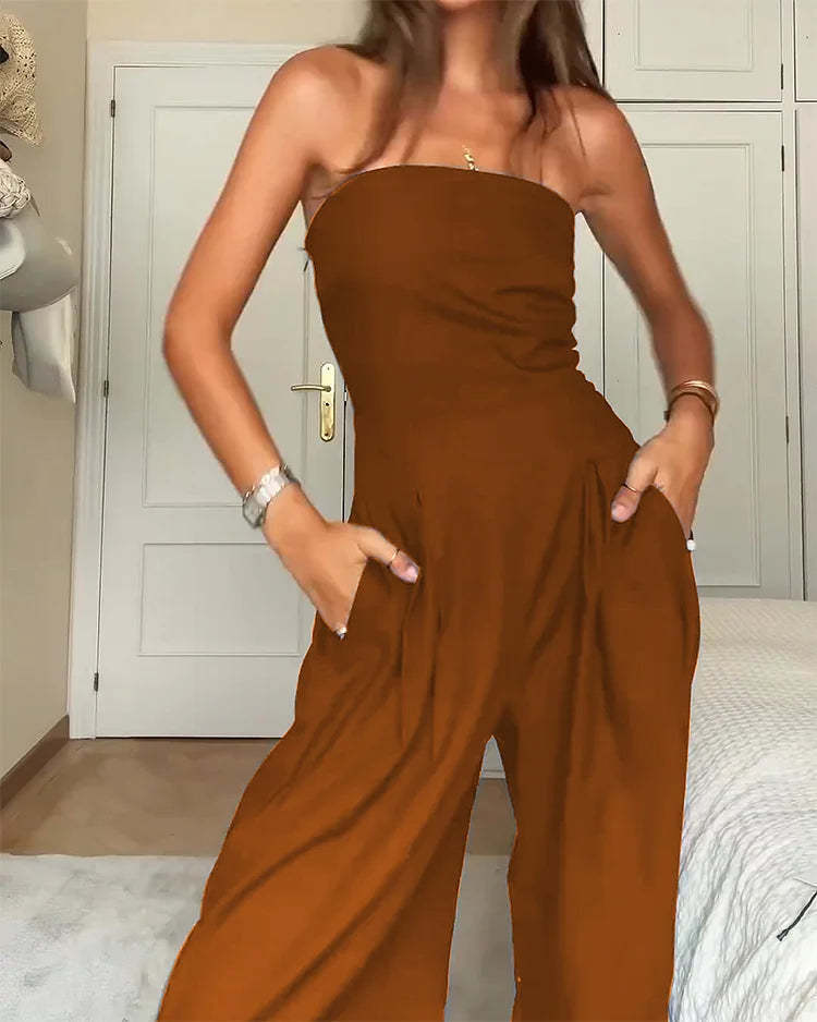 Women Fashion Solid Color Tube Top Jumpsuit Polyester Slim Fit