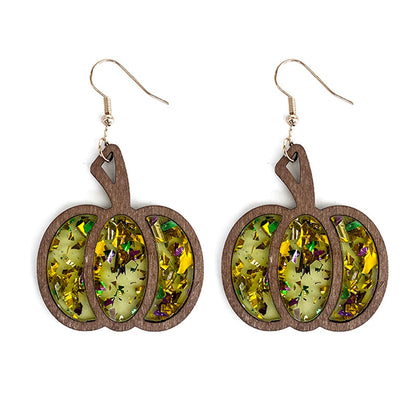Pendientes de madera con forma de calabaza y purpurina para Halloween para mujer