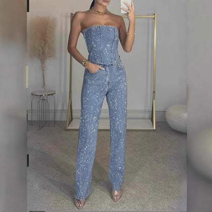 Women Fashion Sexy Solid Color Rhinestone Tube Top Set