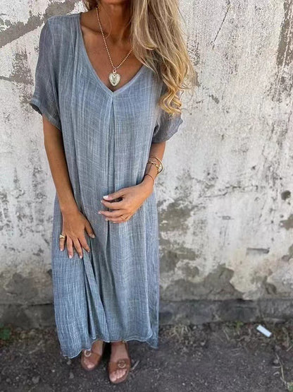 Women Casual Cotton Linen V-Neck Midi Dress