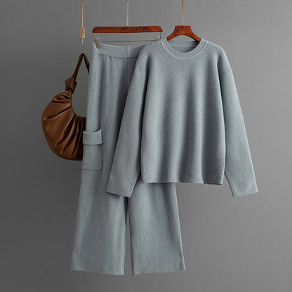 Women Fashion Solid Color Knitted Two-Piece Set
