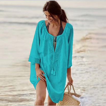 Vestido playero de manga larga con escote en V y color liso para mujer