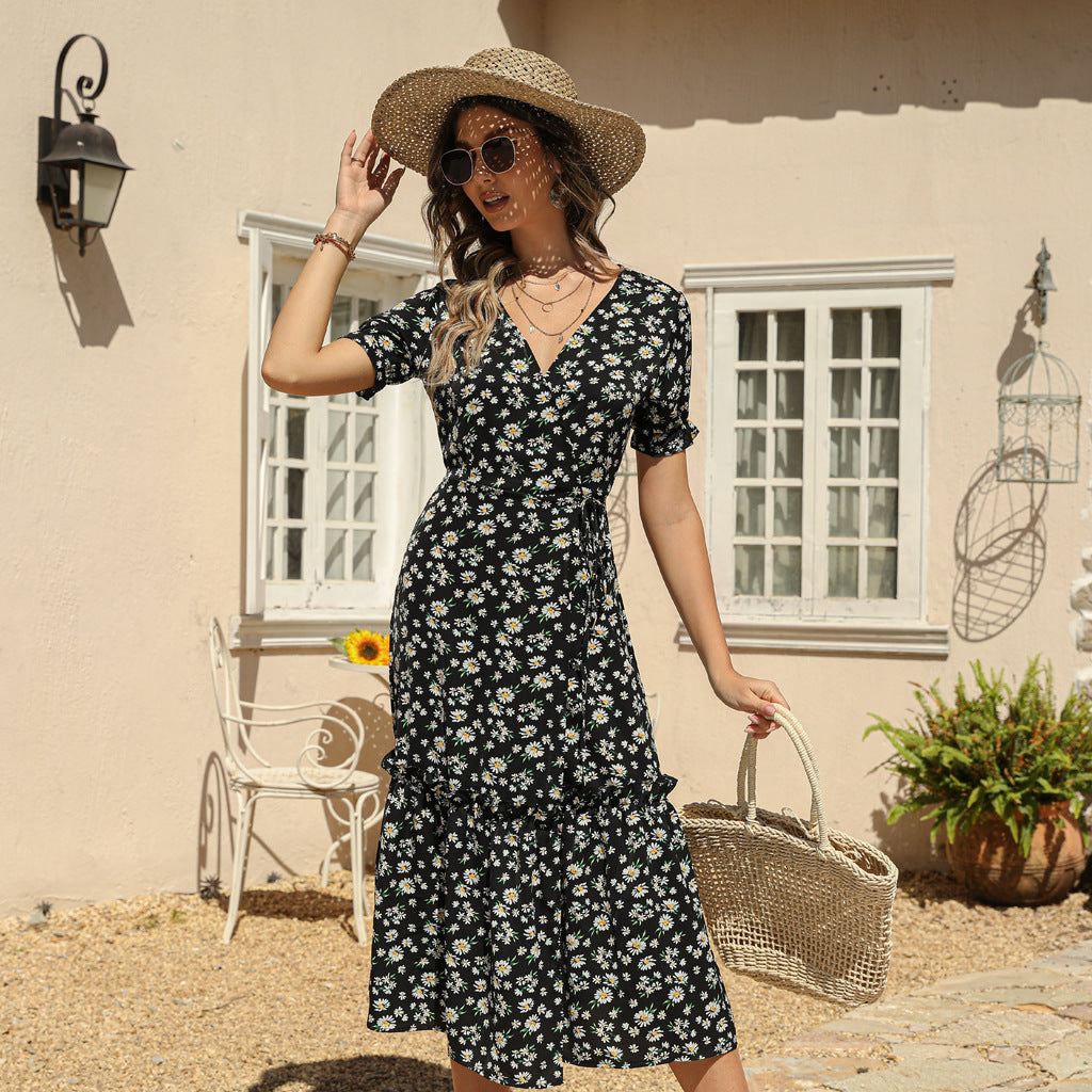 Robe de plage bohème sexy à col en V et imprimé floral en mousseline de soie