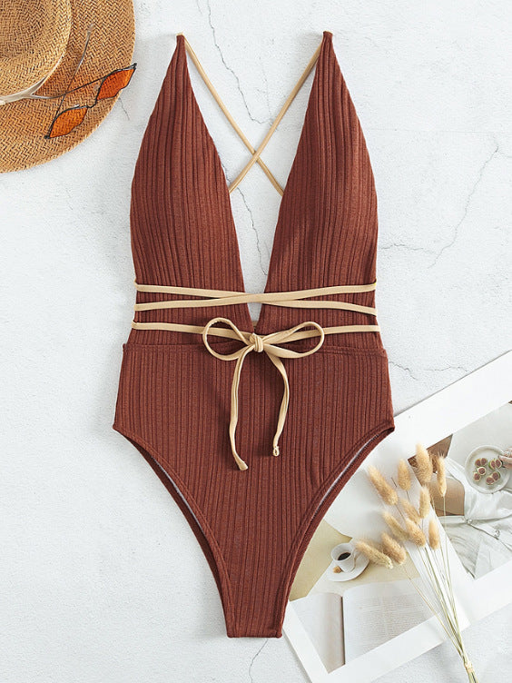 Fashion Women Summer Vacation V-Neck One-Piece Swimsuit
