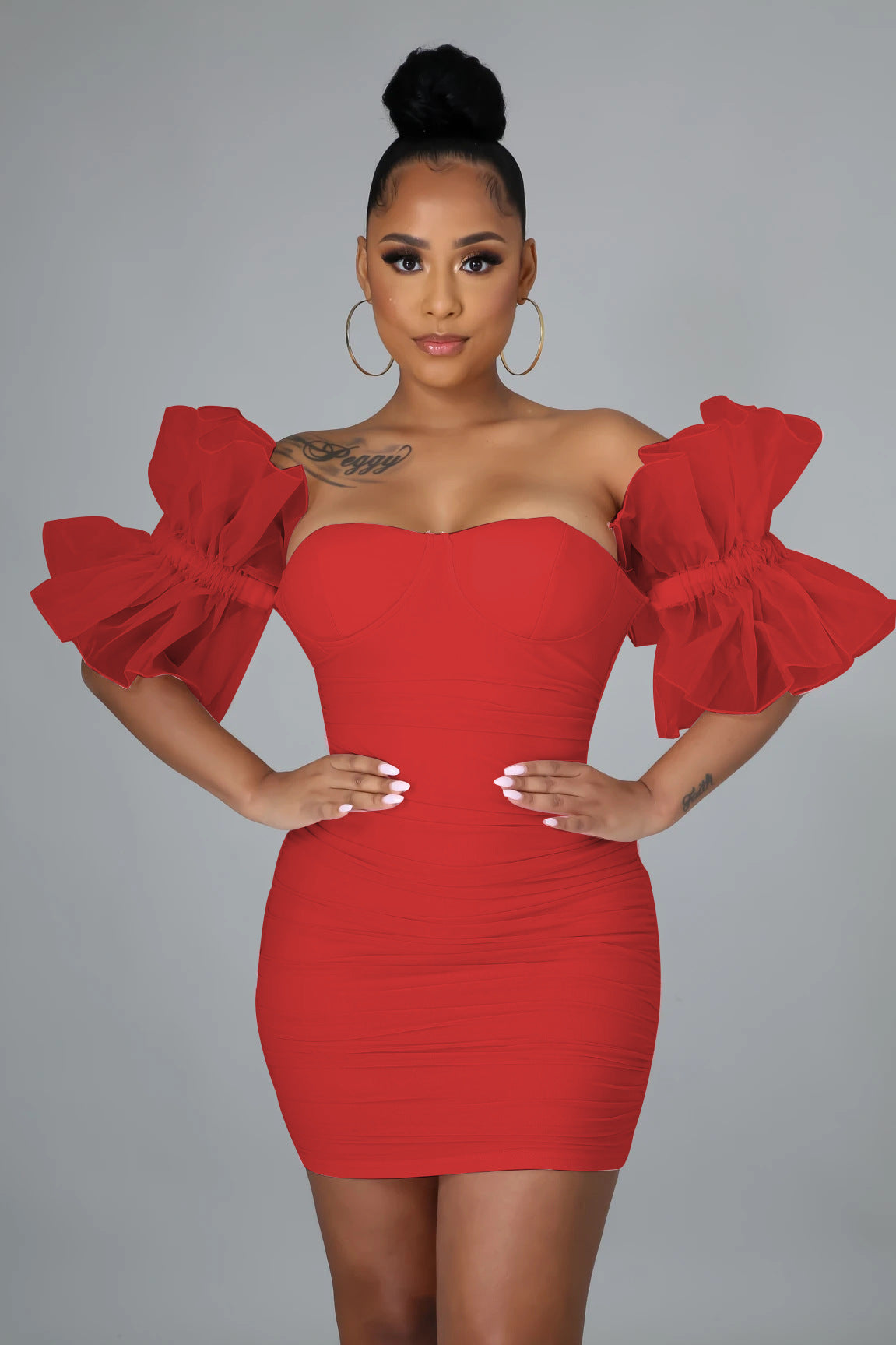 Women Fashion Sexy Elegant Irregular Mesh-Sleeves Dress
