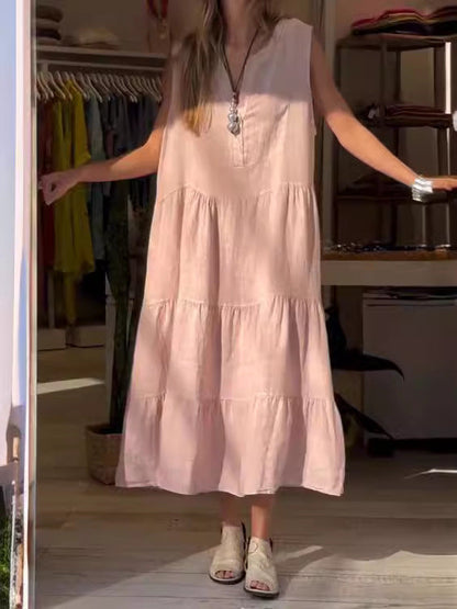 Vestido largo informal de verano para mujer, color liso, con cuello en V