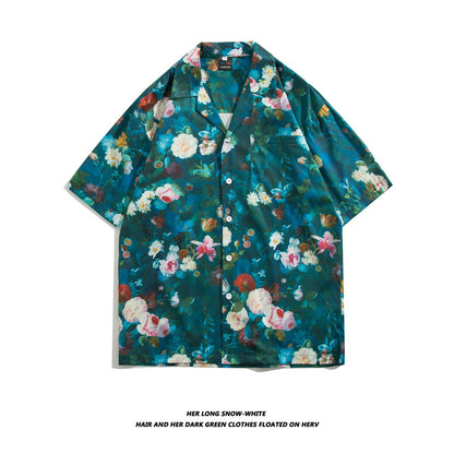 Men Casual Vintage Vacation Hawaii Tiny Flower Print Short Sleeve Lapel Shirt