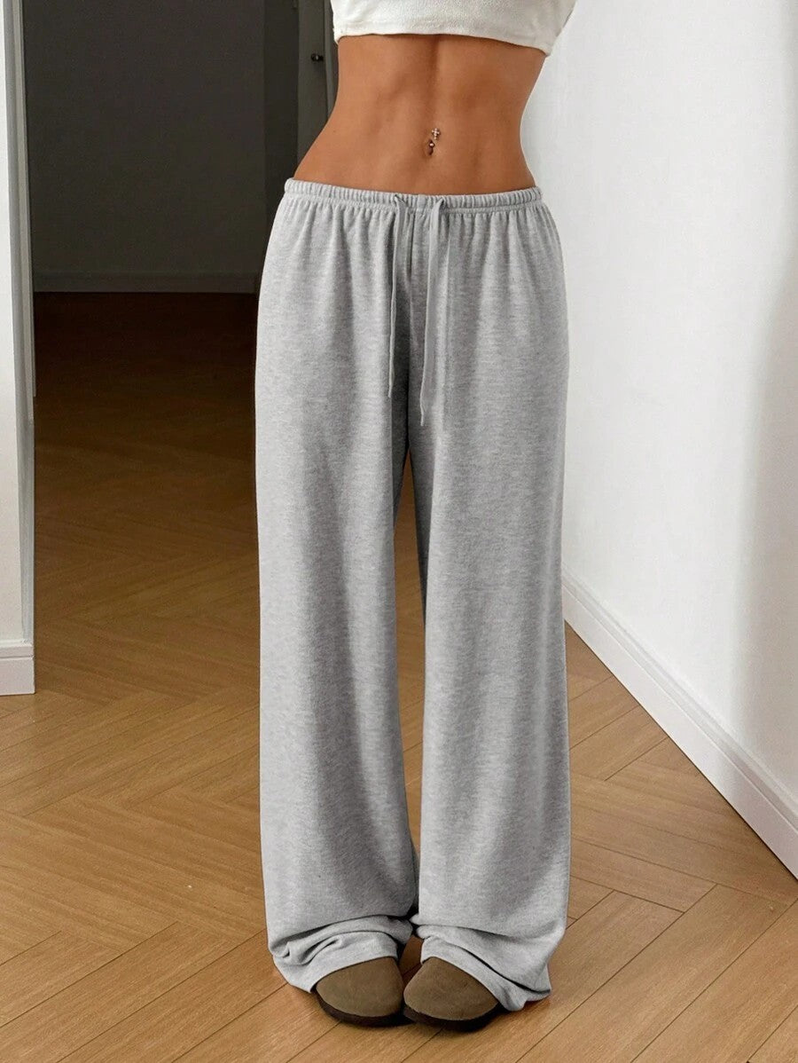 Pantalones casuales de pierna ancha con cordones de color liso para mujer - Estilo cómodo de poliéster