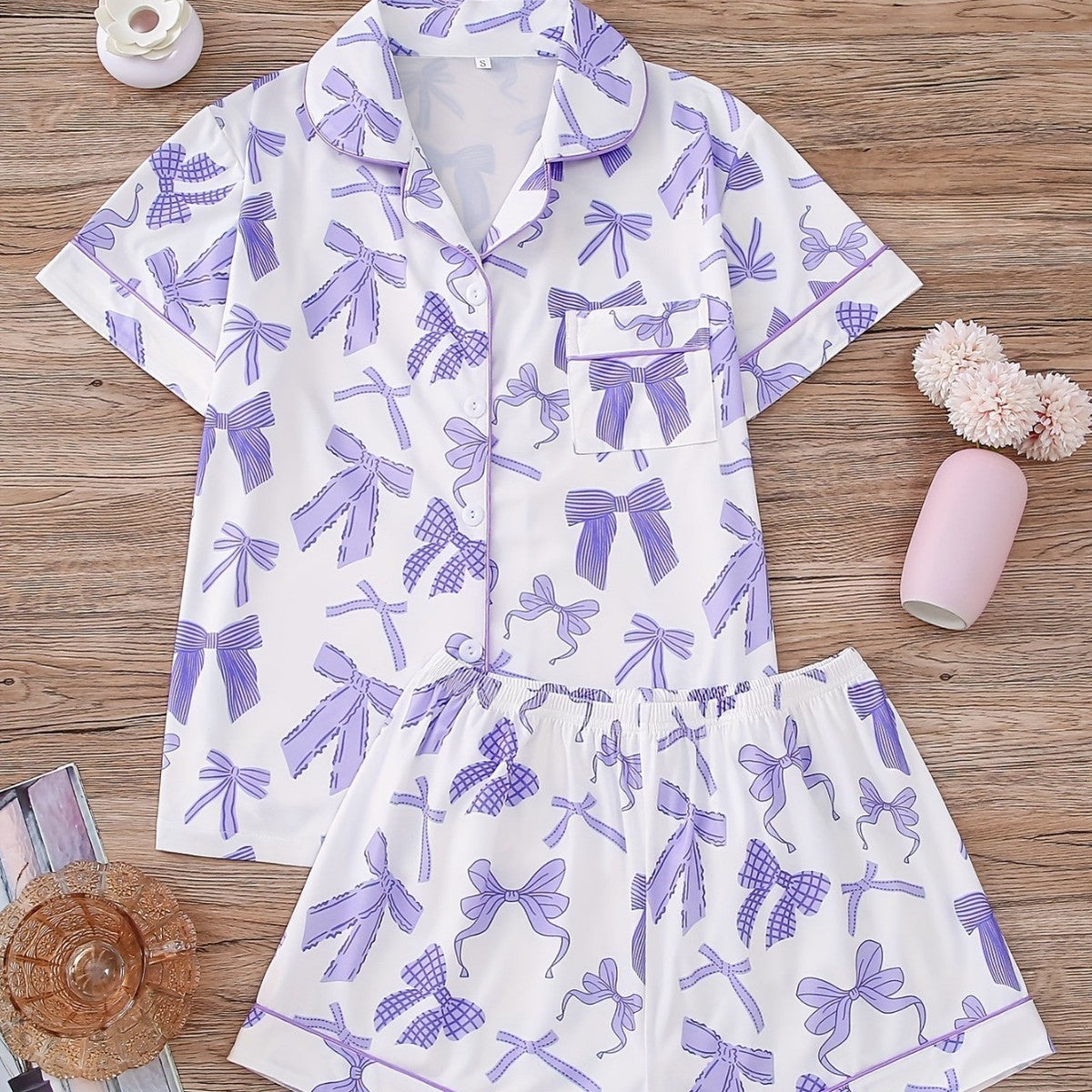 Women Pink Bow Print Lapel Short Sleeve Pajamas