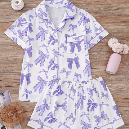 Women Pink Bow Print Lapel Short Sleeve Pajamas