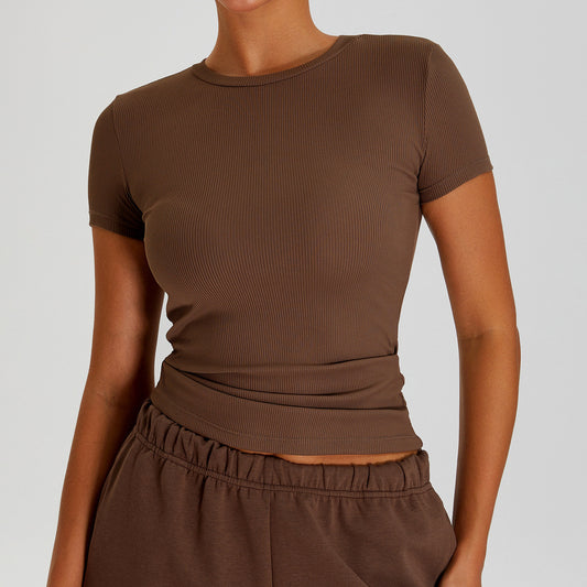 T-shirt de yoga décontracté à séchage rapide pour femme, couleur unie