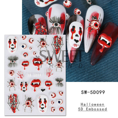 Autocollants pour ongles 5D en relief pour femmes, motif tête de mort, araignée, os, citrouille, Halloween