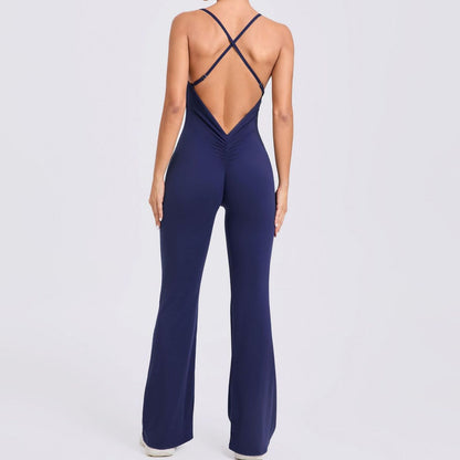 Adjustable Shoulder Strap Flared Yoga Jumpsuits for Women Cotton Blend