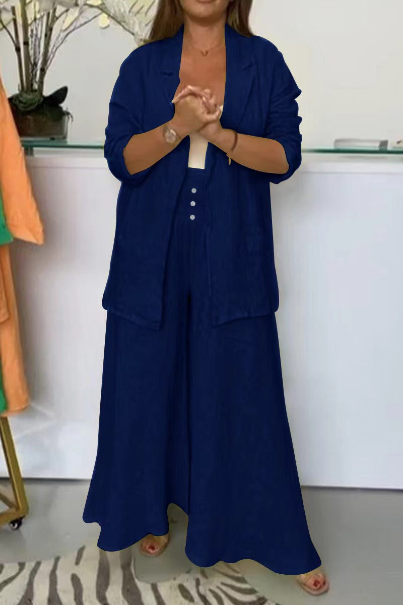Fashion Cotton And Linen Lapel Cardigan Set