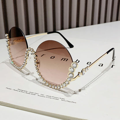 Fashion Metal Rhinestone Round Half Frame Sunglasses