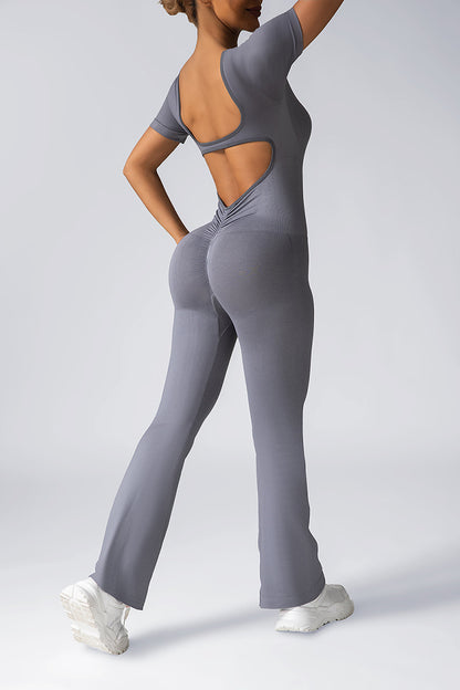 Women Fashion Casual Solid Color Seamless Short-Sleeve Backless Yoga Jumpsuits
