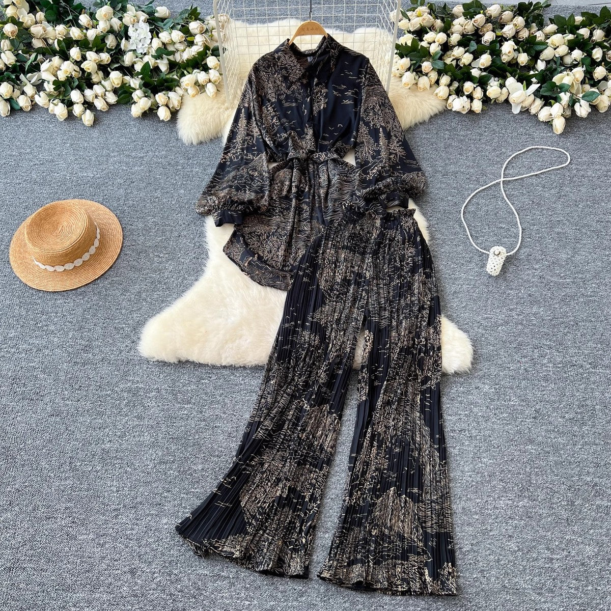 Women Casual Printed Blouse and Wide Leg Pants Set