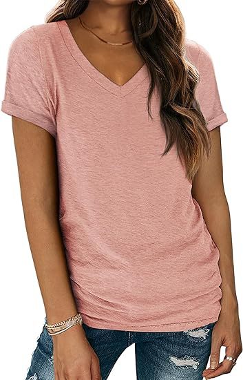 Camiseta informal de verano para mujer, color liso, cuello en V, manga corta, sin mangas