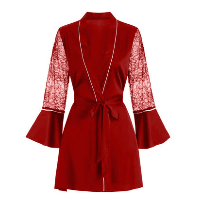 Elegant Lace Splicing V-Neck Long-Sleeve Dress Pajamas
