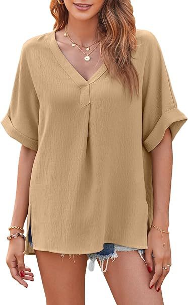 Blusa holgada informal de manga corta con cuello en V y color liso para mujer