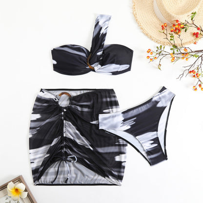 Traje de baño sexy de tres piezas con estampado tie-dye para mujer