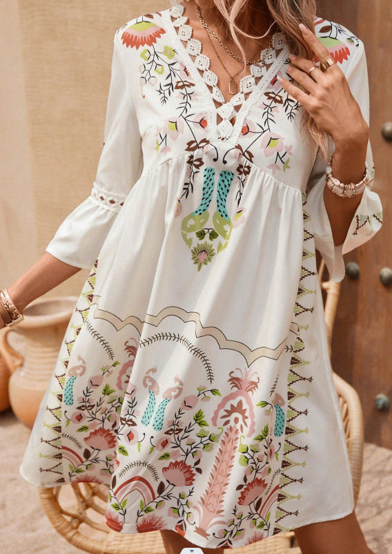 Bohemian Women Casual V-Neck Lace-Patchwork Printed Dress