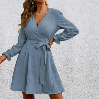 Vestido mini de manga larga con escote en V y color liso para mujer